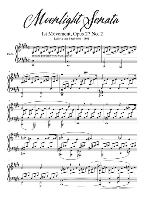 Moonlight Sonata 1st Movement Sheet Music Full Piano Arrangement By