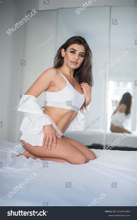 Attractive Sexy Brunette White Lingerie Posing Stock Photo 2154971983 Shutterstock