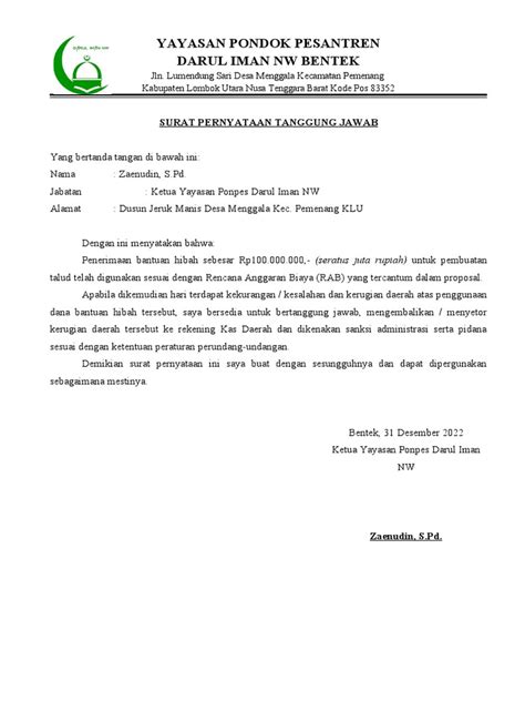 Surat Pertanggung Jawaban Pdf