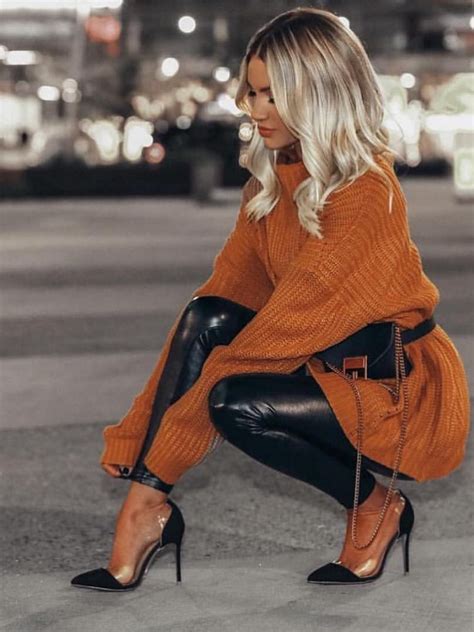 Love This Burnt Orange Sweater And Black Leather Leggings Combo