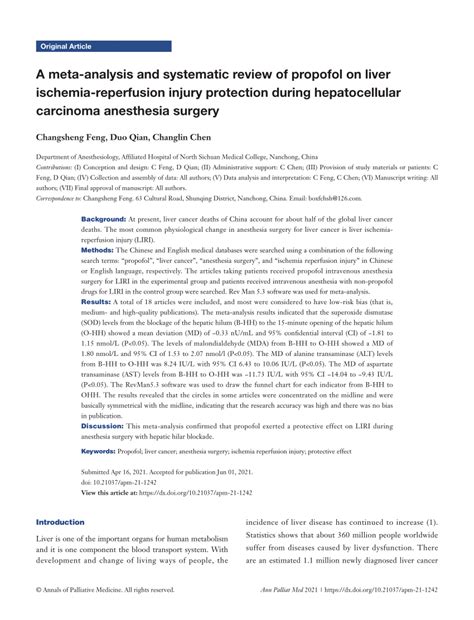 Pdf A Meta Analysis And Systematic Review Of Propofol On Liver