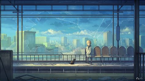 1920x1080 Broken Glass Building Cat City Cloud Girl Original Anime Sky Train Station