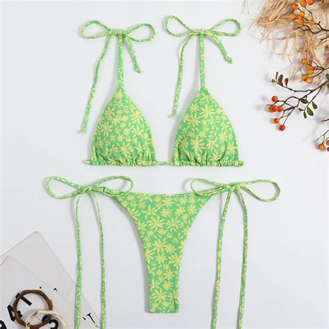 Sexy Floral Print Micro Mini Bikini Halter String Triangle Swimwear