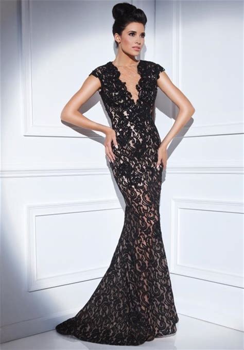 Mermaid V Neck Cap Sleeve Sheer Back Long Black Lace Formal Occasion