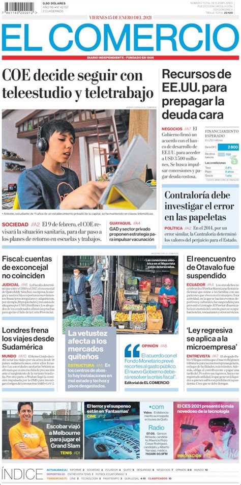 Periódico El Comercio Ecuador Periódicos De Ecuador Edición De Viernes 15 De Enero De 2021