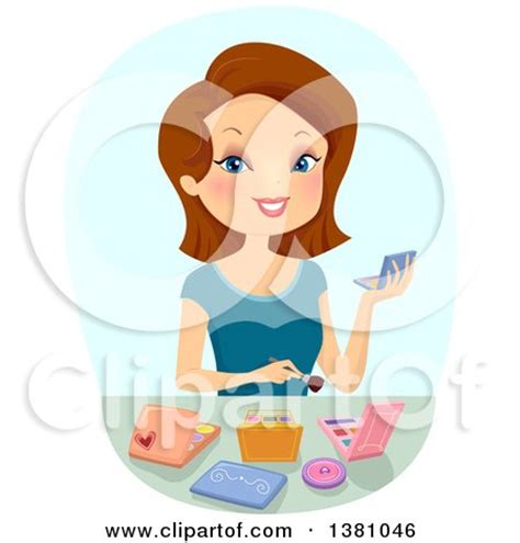 Clipart Of A Happy Brunette White Woman Experimenting With Makeup
