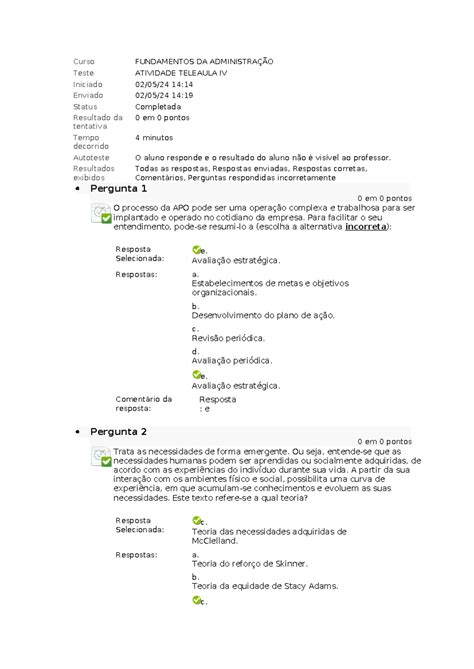 atividade teleaula VI Curso FUNDAMENTOS DA ADMINISTRAÇÃO Teste