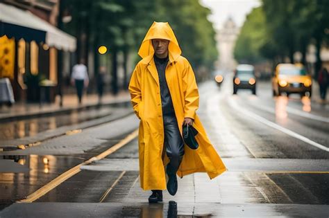 Premium Ai Image A Man In A Yellow Raincoat Walks Down A Street With