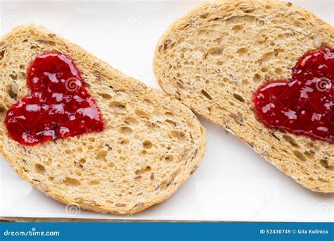 Grain Slice Of Bread With Jam Heart Shape Stock Image Image Of Snack