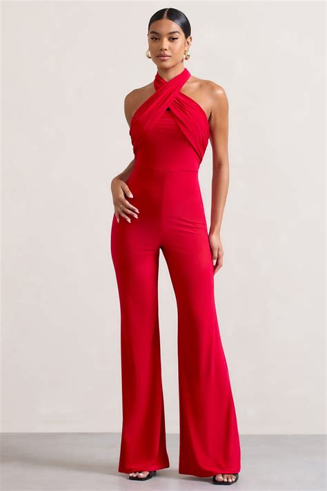 Goddess Red Halter Neck Flare Jumpsuit Club L London Uk