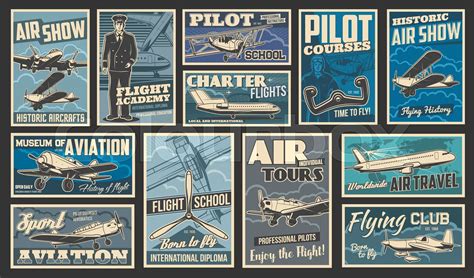 Plane fly, aircraft flight aviation retro posters | Stock vector ...