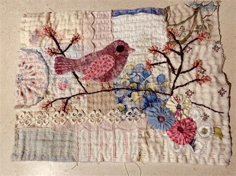 My Bird On A Branch Slow Stitching Textile Art Embroidery Fabric Art