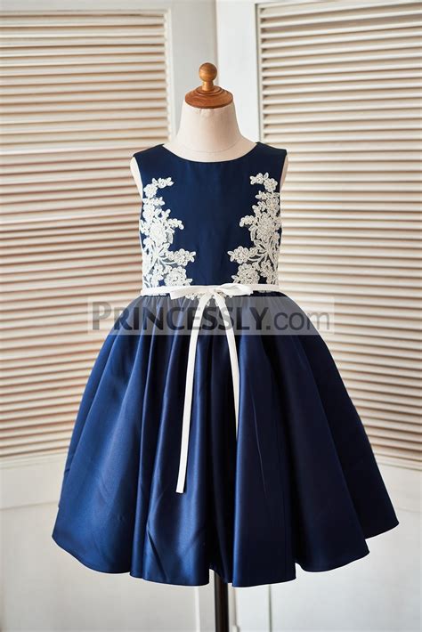 Ivory Lace Appliques Navy Blue Satin Flower Girl Dress With Sash Avivaly