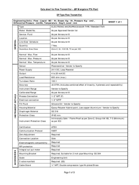 Data Sheet For Dp Flow Transmitter Jbf Manglore Pta Plant Flow