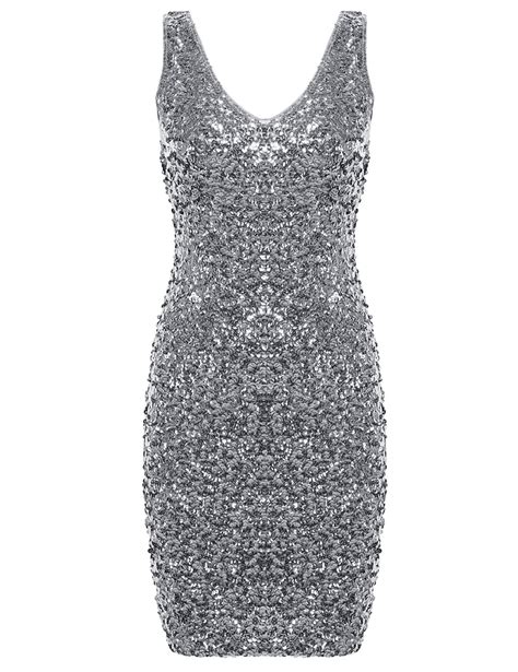 Prettyguide Womens Sexy Deep V Neck Sequin Glitter Bodycon Stretchy Mini Party Dress