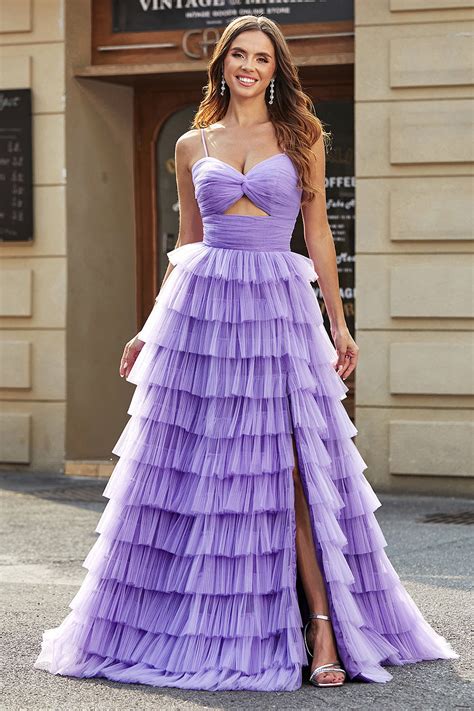 Zapakasa Women Purple Tulle A Line Tiered Long Prom Dress With Slit