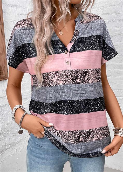 Grey Button Plus Size Striped Short Sleeve Blouse Usd 31 98