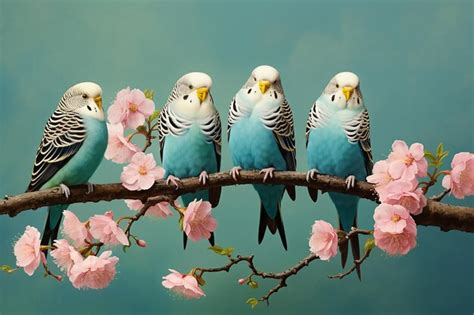 Premium Ai Image Four Blue Budgerigars Sit On A Branch Of Sakura