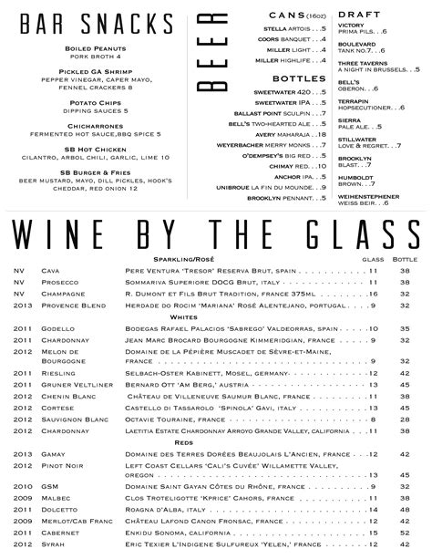 Menu at Southbound restaurant, Chamblee