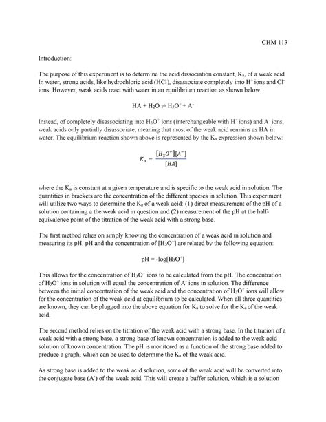 Determination Of Ka Report CHM 113 Introduction The Purpose Of This