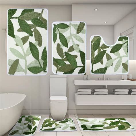 Amazon Riakrum Pieces Green Leaves Bathroom Rugs Set Green