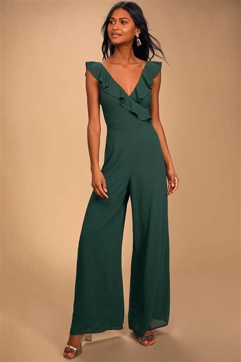 Flounce Of Love Hunter Green Ruffled Wide Leg Jumpsuit Wide Leg