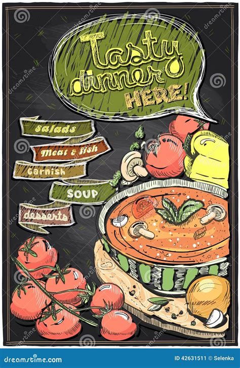 Tasty Dinner Here Chalkboard Menu Soup Stock Illustrations 1 Tasty