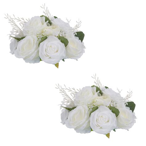 Blosmon Artificial Flower Ball Centerpiece 2 Pcs White Fake Rose Flower