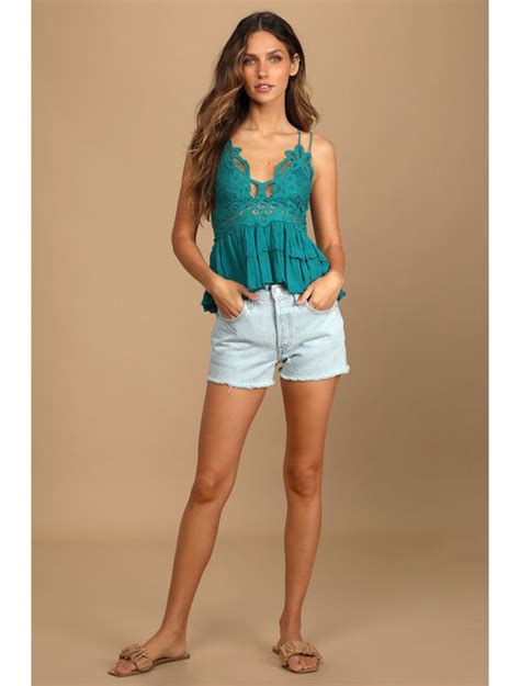 Buy Free People Adella Cami Teal Blue Lace Ruffled Tank Top Online