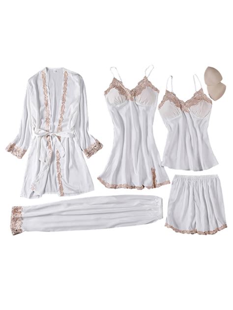 MYLookk Women Sexy Lingerie 5 Piece Pajamas Imitation Silk Satin Sleeveless Robe Sleepwear Lace