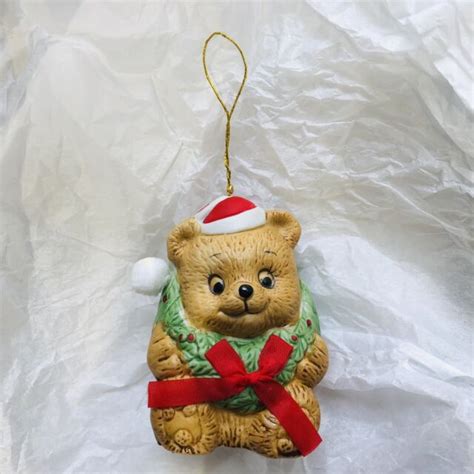 Vintage Christmas Ceramic Bear With Wreath Bell Ornament 80s Made In