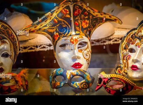 Venetian carnival masks in a shop window, Venice, Veneto, Italy Stock ...