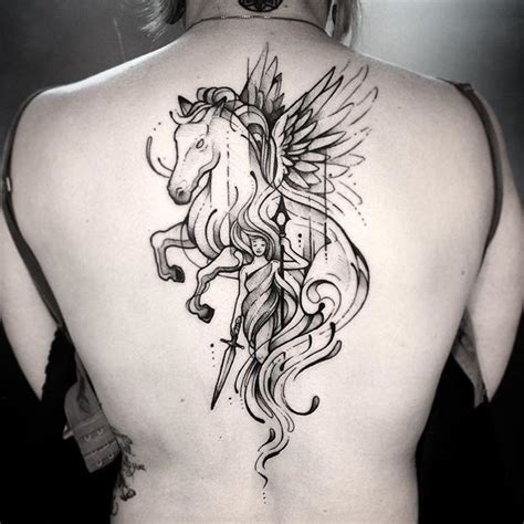 Illustrative style black ink back tattoo of pegasus horse with fantasy woman warrior ...