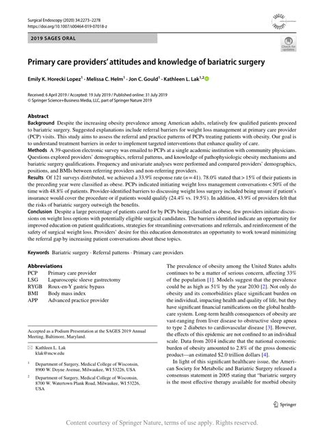 Primary Care Providers Attitudes And Knowledge Of Bariatric Surgery