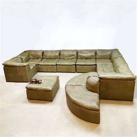 Midcentury Design Modular Green Patchwork Leather Sofa By Laauser