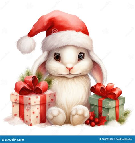 A White Rabbit Wearing A Santa Hat Sitting Next To A Pile Of Presents