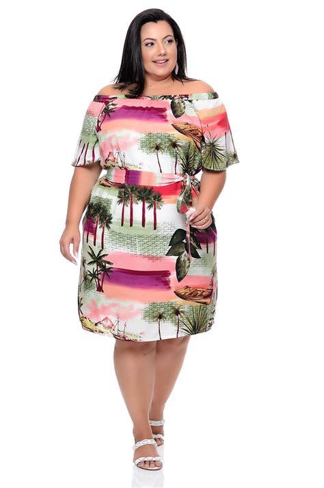 Vestido Plus Size Estampa Tropical Em Viscose Vk Moda Plus Size