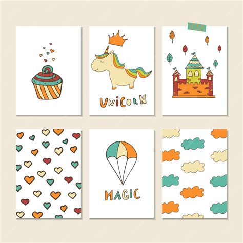 Premium Vector Unicorn Cards With Heart Cake Cloud Castle Rainbow