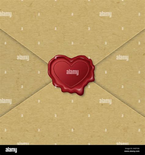 Vector 3d Realistic Vintage Heart Shaped Red Stamp Wax Seal And Brown Textured Envelope