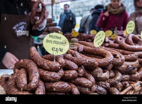 Polish Sausages On Traditional Food Market In Warsaw Poland Stock