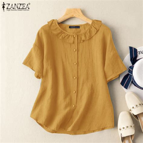 Fancystyle ZANZEA Women Blouse Cotton Linen Summer Blouse Top Short