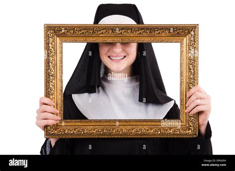 Young Nun With Frame Isolated On White Stock Photo Alamy