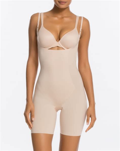 Spanx Thinstincts Open Bust Mid Thigh Bodysuit Soft Nude Belle Mode