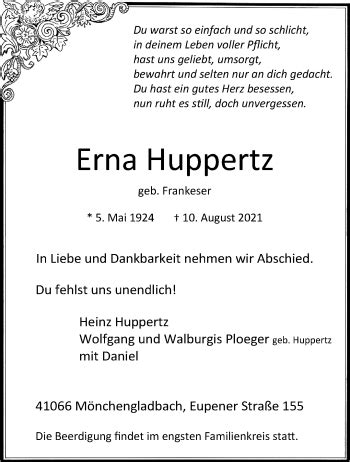 Traueranzeigen Von Erna Huppertz Trauer Und Gedenken