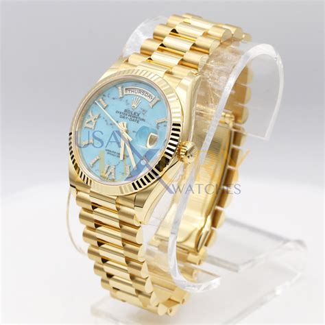 Rolex Day Date 128238 0071 36mm 18k Yellow Gold President Turquoise Diamond Dial Luxury