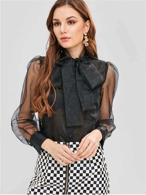 27 OFF 2021 Puff Sleeve Sheer Organza Pussy Bow Shirt In BLACK ZAFUL