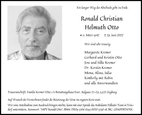 Traueranzeigen Von Ronald Christian Helmuth Otto WirTrauern