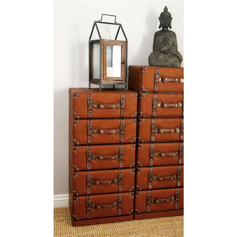 Litton Lane Globetrotter Tiered Wood And Leather Trunk Style Cabinet