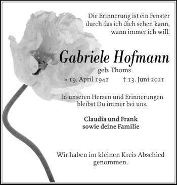 Traueranzeigen Von Gabriele Hofmann Sh Z Trauer