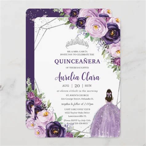 Quinceañera Purple Lilac Plum Floral Silver Dress Invitation Zazzle